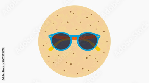 An abstract illustration showcasing summer with sunglasses resting on sandy background, capturing the essence of vacation and relaxation.