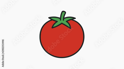 A vibrant red tomato with fresh green leaves is isolated. A simple but tasty depiction of nature's bounty. 