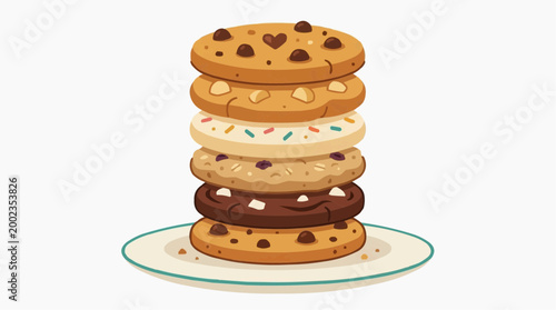 A tempting stack of artisanal cookies, each adorned with distinct toppings, presented on a minimalist plate. Perfect for showcasing the art of baking and the allure of sweet indulgence.