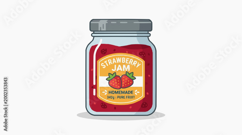 A photorealistic jar of homemade strawberry jam, the vibrant red preserves glistening enticingly. The label offers the promise of a sweet, fruity delight.