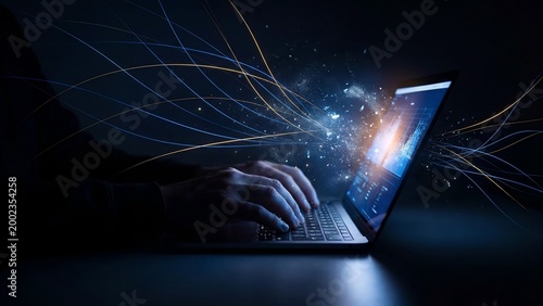 Obraz na płótnie Hands typing on laptop with glowing blue data streams and digital network flow, futuristic technology concept showing cloud computing, artificial intelligence processing, coding and secure data transf