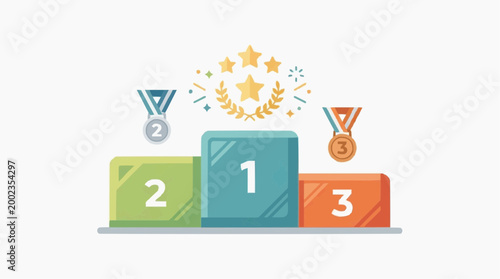 A podium with three tiered platforms, each displaying a position in a competition or event, adorned with celebratory elements such as stars and laurel.