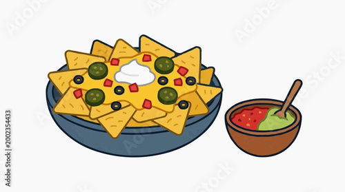 A colorful illustration of a vibrant plate of nachos served with guacamole and salsa. A tempting appetizer.
