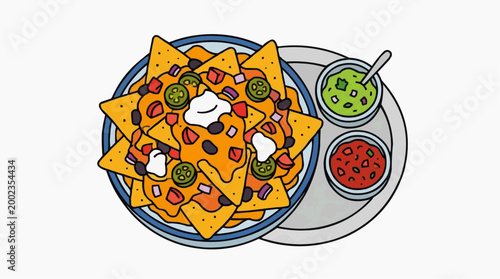 A vibrant overhead shot of a plate brimming with colorful, mouthwatering nachos, served with an enticing array of savory dipping sauces.