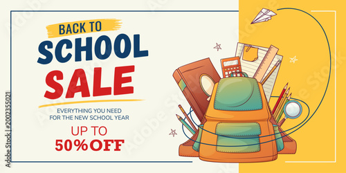Back to school sale background with backpack, books and stationery. Vector illustration with discount offer, design for education advertising and promotion. Banner template 