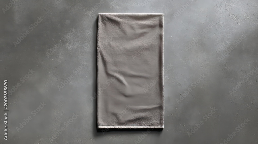 Obraz premium Beach towel lies flat on a gray surface, seen from above.