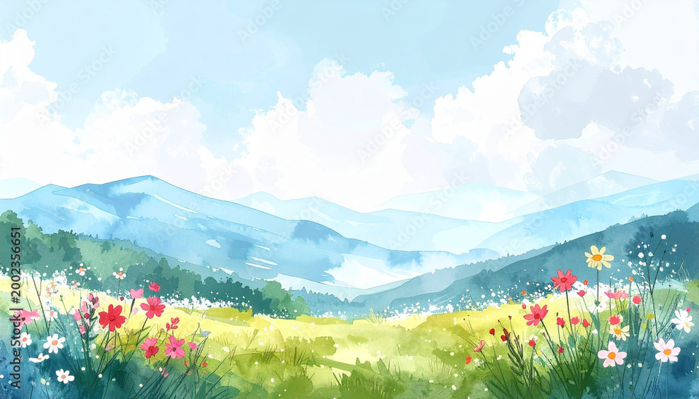 Fototapeta premium Watercolor painting of mountain landscape with soft cloudy sky, summer flowers in foreground, gentle pastel tones, light pigment diffusion
