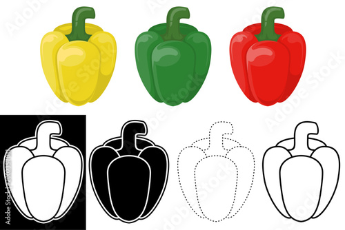 Bell pepper Capsicum annuum vector illustration set with red yellow green colors, silhouette tracing dotted line and outline versions for preschool education, healthy food recipes, and culinary design