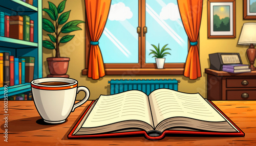 Cozy reading nook with an open book and cup of tea by the window  