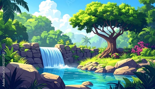 Lush, cartoonish landscape with a waterfall cascading into a clear, blue pool surrounded by green foliage and blue sky