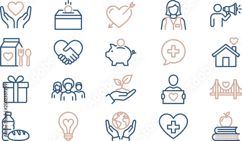 Set of linear vector icons representing charity work and community support for non profit humanitarian relief organizations