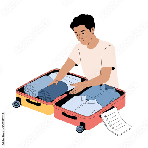 A man carefully packing his suitcase, getting ready for travel.
