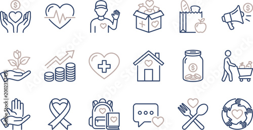 A collection of clean line art icons representing various charitable activities and important social welfare donation concepts