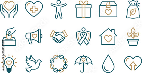 Canvastavla A collection of clean line icons featuring various symbols for charity, non-profit organizations and social impact projects