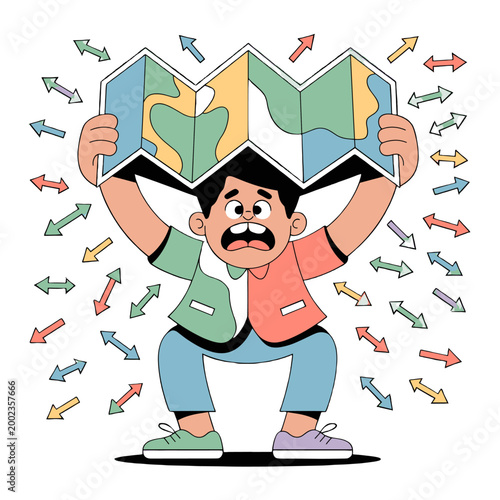 A Man Overwhelmed by Directional Choices with Map. 