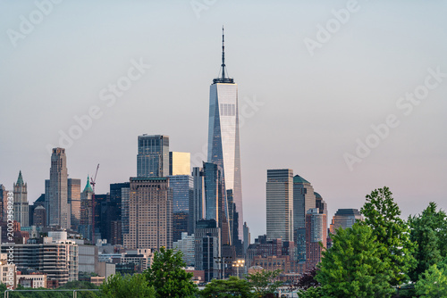 View of the Manhattan skyline featuring One World Trade Center, captured from Little Island in New York City.
