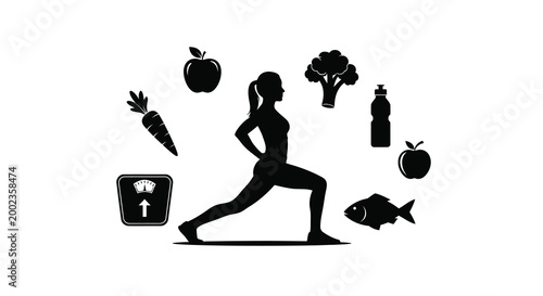 Woman exercising with healthy food and fitness items silhouette