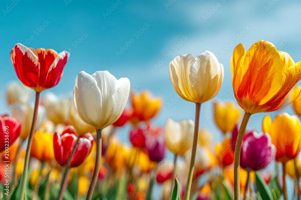 Fototapeta premium Vibrant multicolored tulip flowers blooming in a sunlit field under a clear blue sky showcasing the beauty of spring in full bloom