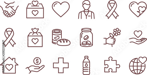 A comprehensive collection of red and black linear charity icons representing altruism, community support, and social welfare