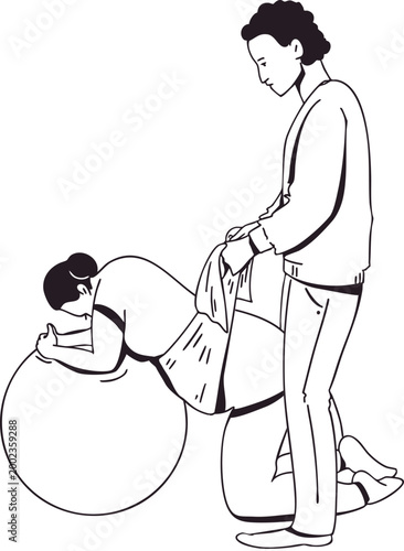 Man helping his pregnant partner perform an exercise on a birth ball. Partnered childbirth preparation. Black and white vector illustration.