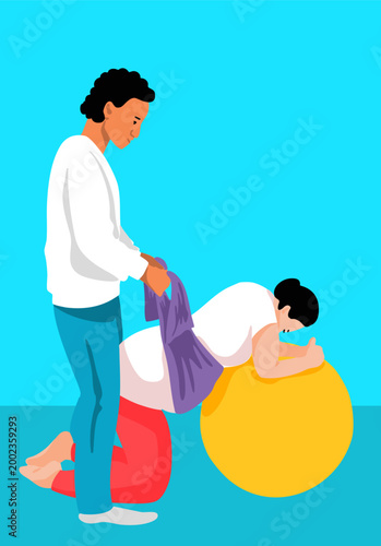 Man helping his pregnant partner perform an exercise on a birth ball. Partnered childbirth preparation. Vector illustration.