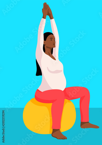 Pregnant woman doing exercises on a birth ball. Expectant mother sitting on a fitness ball with arms raised. Vector illustration.