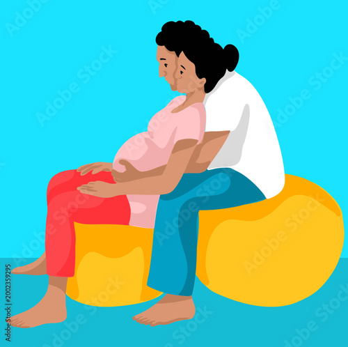 Man helping his pregnant partner perform an exercise on a birth ball. Partnered childbirth preparation. Vector illustration.