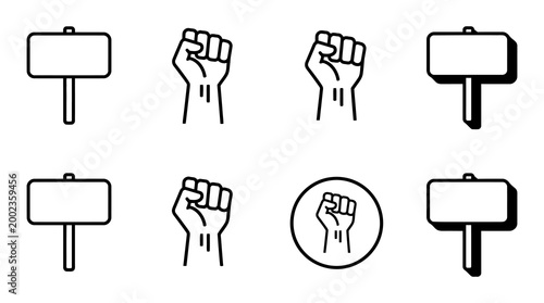Protest Icons Set with Raised Fists and Blank Signs for Social Activism