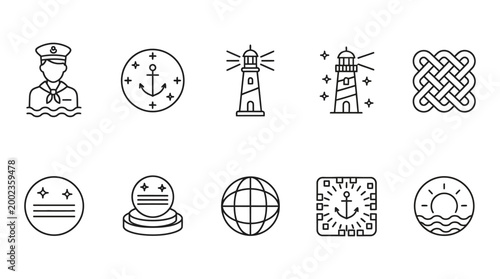 Nautical and Maritime Icon Set Featuring Lighthouses and Sailor Symbols
