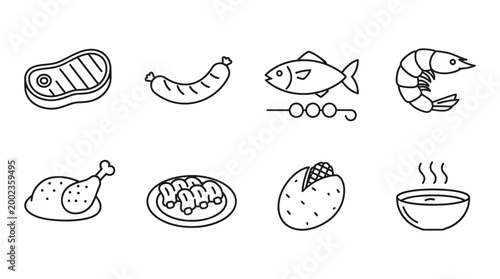Set of Hand Drawn Food Icons Featuring Meat, Fish, and Seafood Sketches