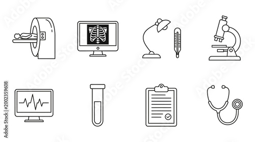 Set of Medical and Healthcare Line Icons for Diagnostics and Treatment