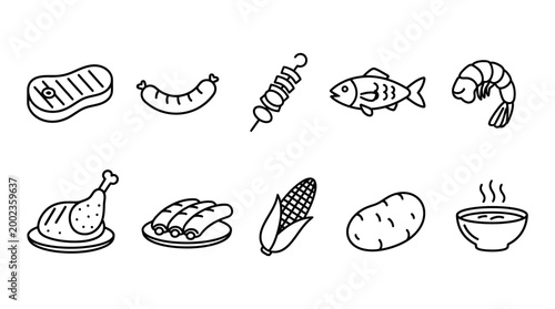 Set of Hand Drawn Food Icons Featuring Meat Seafood and Vegetables