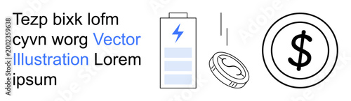 Economic growth, renewable energy, savings, financial stability, technology, power. Battery and coin icons on a white background. Economic growth and renewable energy concept