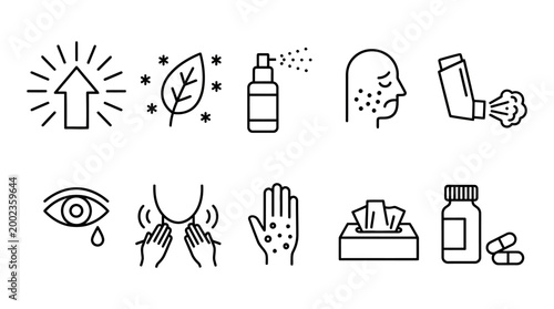 Set of Allergy and Health Symptom Vector Line Icons