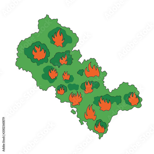 Illustrated map-like green region engulfed in multiple widespread fires, symbolizing environmental crisis, wildfire disaster, and ecological damage due to climate change