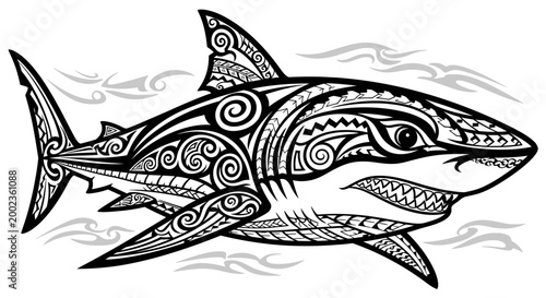 Black and white shark with tribal tattoo design swimming in water.