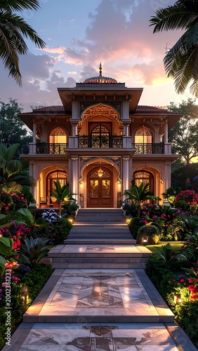 Ornate, sunlit mansion entrance surrounded by vibrant flora