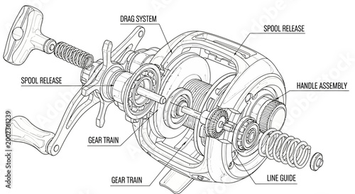 Detailed diagram of a fishing reel mechanism.