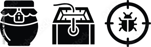 Black icons of locked treasure pot, chest and bug in crosshairs