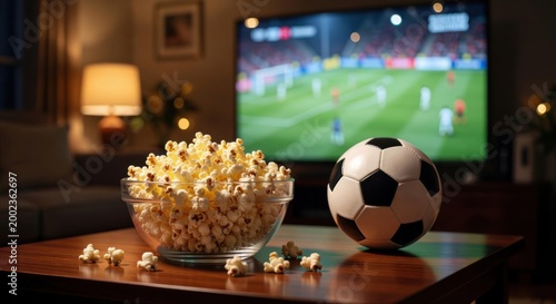 A bowl of popcorn and a soccer ball are on a wooden table, with a football match playing on a TV in the background of a dimly lit room.