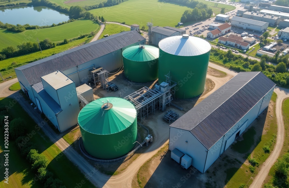 Naklejka premium Industrial facility with large green tanks collects waste for energy. Buildings and pipes are part of complex processing system. Aerial view shows plant near water and fields.