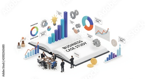 Business Case Study Concept with Isometric People, Charts, and Gears on Open Book
