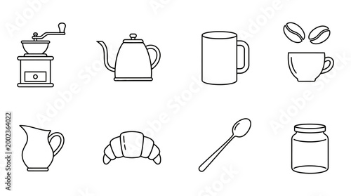 flat lay collection of coffee and tea essentials with kitchenware minimalist line art