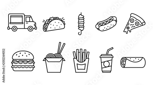 flat lay fast food icons set with delivery truck and takeout containers on white background