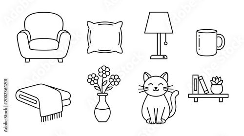 flat lay home decor icons set with cozy living room elements and pet theme illustration