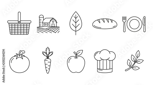 hand drawn flat lay food and farming icons set with basket wheat bread vegetables and chef hat