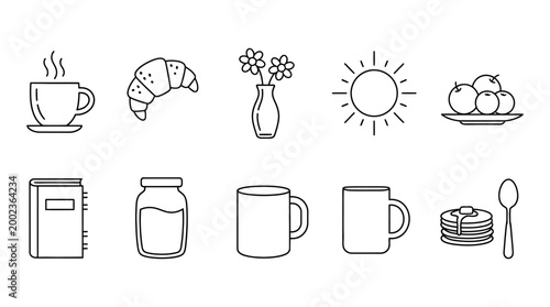 flat lay breakfast essentials with coffee, croissant, jam, and fresh fruit on white background