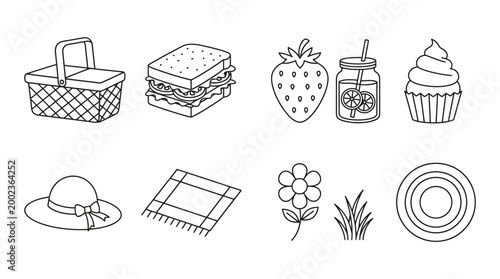 flat lay picnic essentials sketch with sandwich strawberry jar and summer accessories