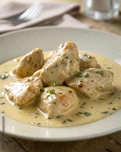 Photorealistic chicken fricassee with creamy sauce, tender pieces and herbs on butter seamless, warm classic minimal composition