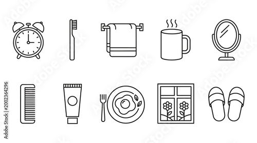 flat lay daily routine icons set with clock coffee laptop and personal care items vector illustration
